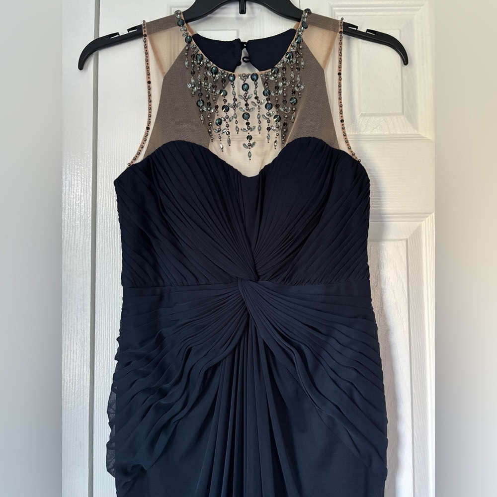 Adrianna Papell Navy and Nude Embellished Illusion Maxi Dress